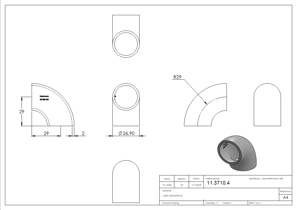 Bogen 90° zum Schweissen fuer Rundrohr- Ø 26-9 mm V2A- Bauart 3-11-3710.4