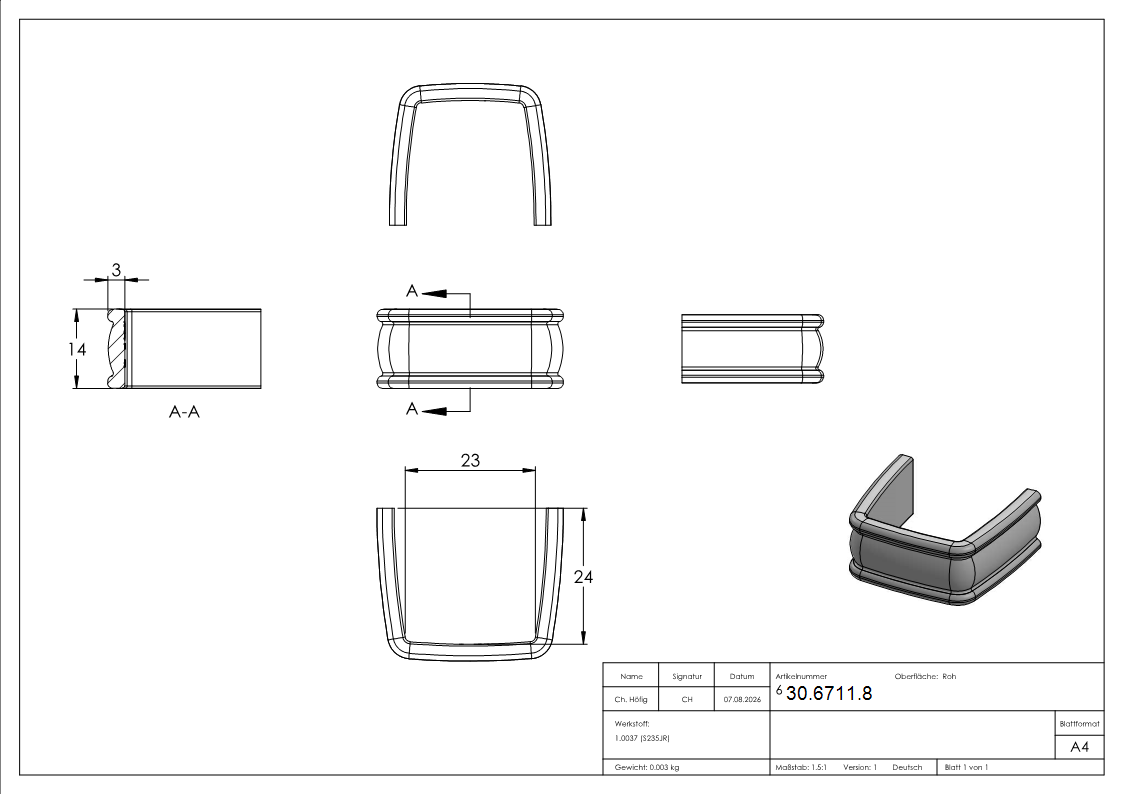 Bund - 1 Stueck - Material- 14x3 mm - Innenmass- 23x24 mm - Stahl -Roh- S235JR-30-6711.8