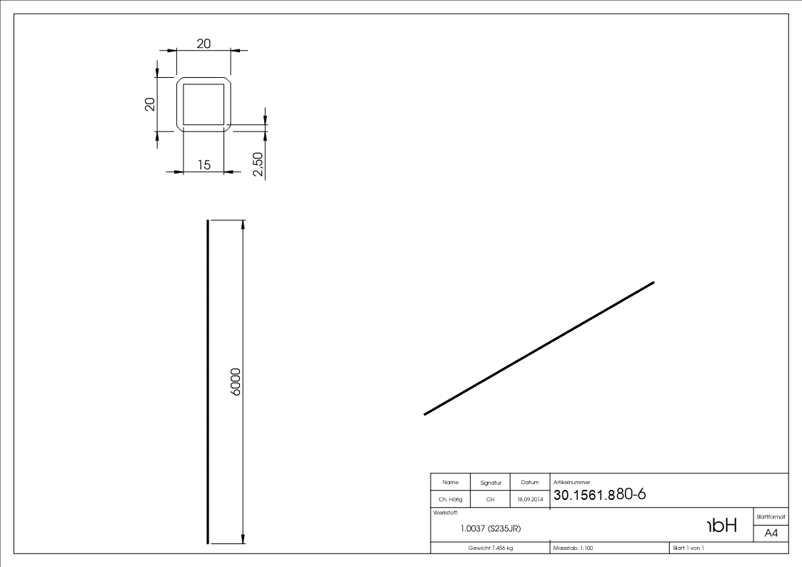 Quadratrohr gehaemmert 20x20x2 mm 6000 mm Stahl S235JR- roh-30-1561.8