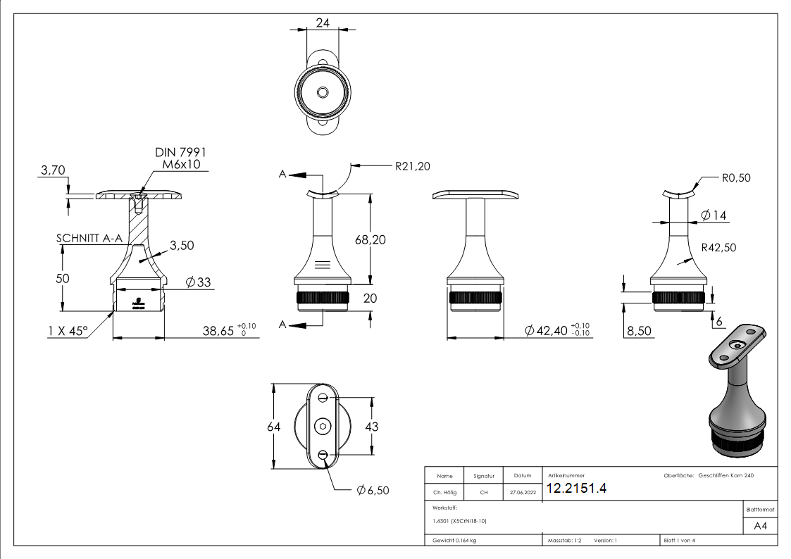 Stuetze mit Halteplatte fuer Rundrohr Ø 42-4 mm - Stopfen fuer 42-4x2-0 mm V2A-12-2151.4