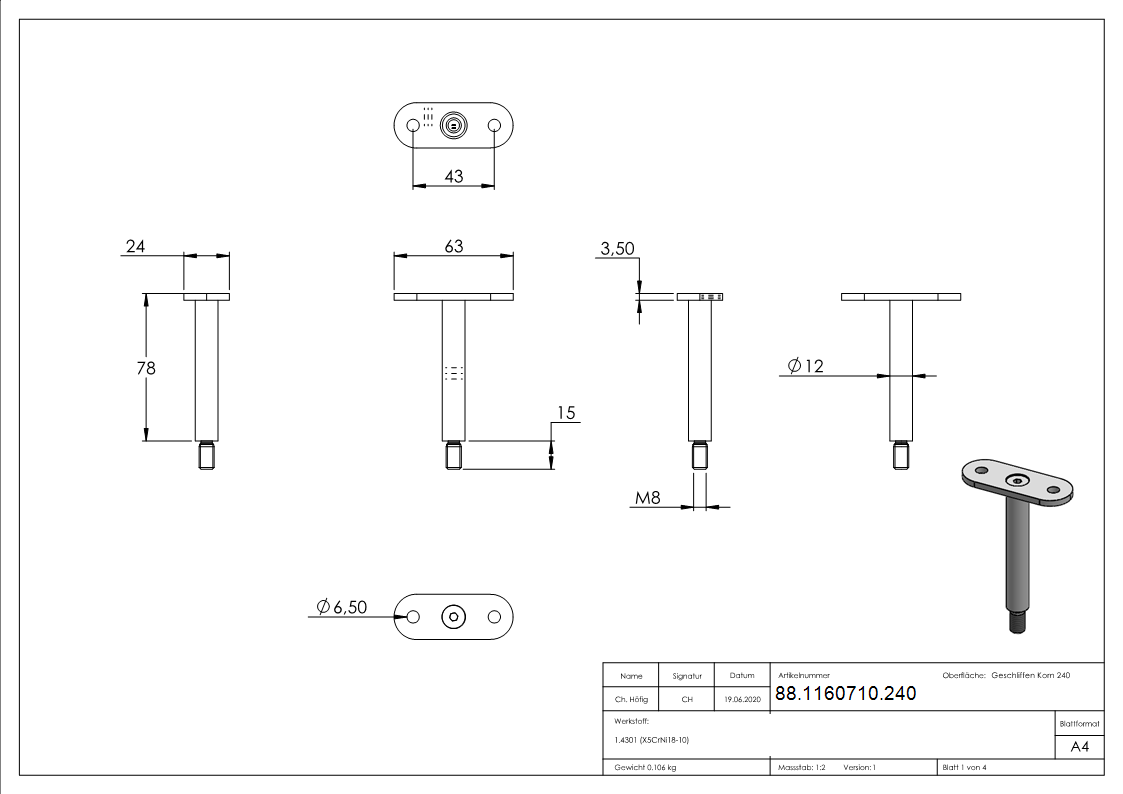 Handlaufstift Edelstahl V2A Ø 12 mm H- 78 mm mit gerader Anschlussplatte-88-1160710.240