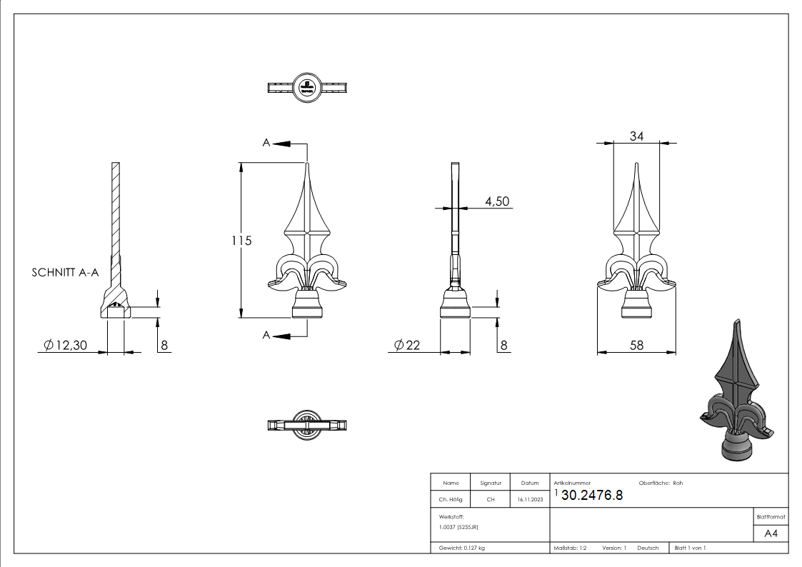 Zaunspitze 20 mm mit 115 mm Hoehe-Bohrung 12-3 mm-30-2476.8