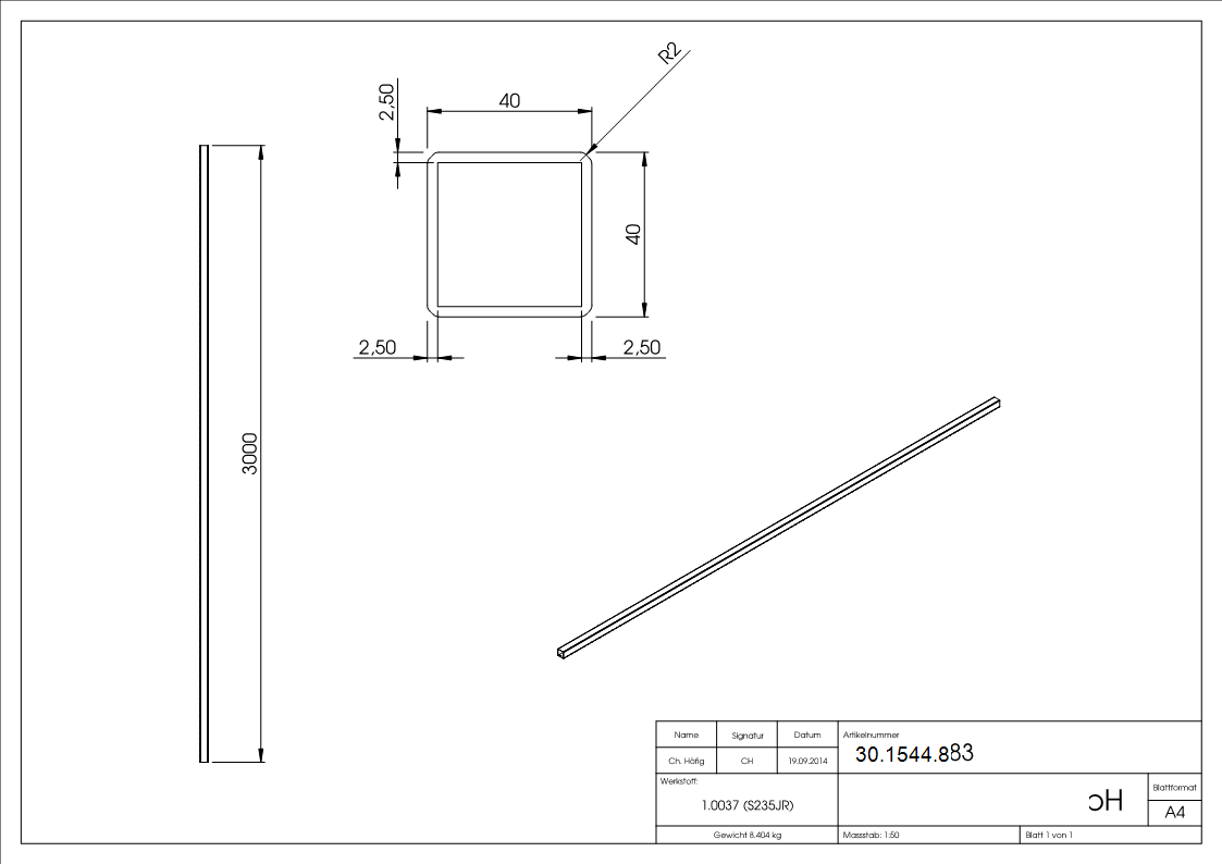 Quadratrohr gehaemmert 40x40x2-5 mm 3000 mm Stahl S235JR- roh-30-1544.8