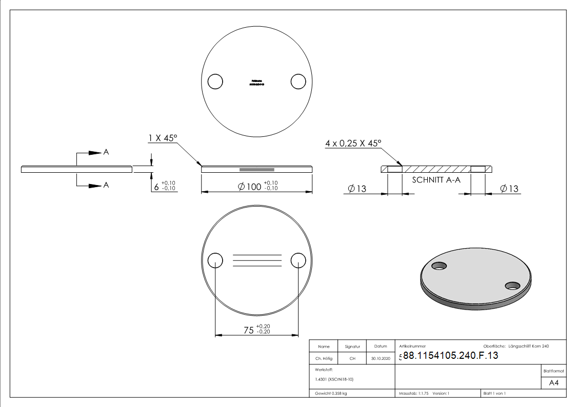 Ankerplatte Ø 100 x 6mm- mit Laengsschliff und Fase- V2A-88-1154105-240-F.13