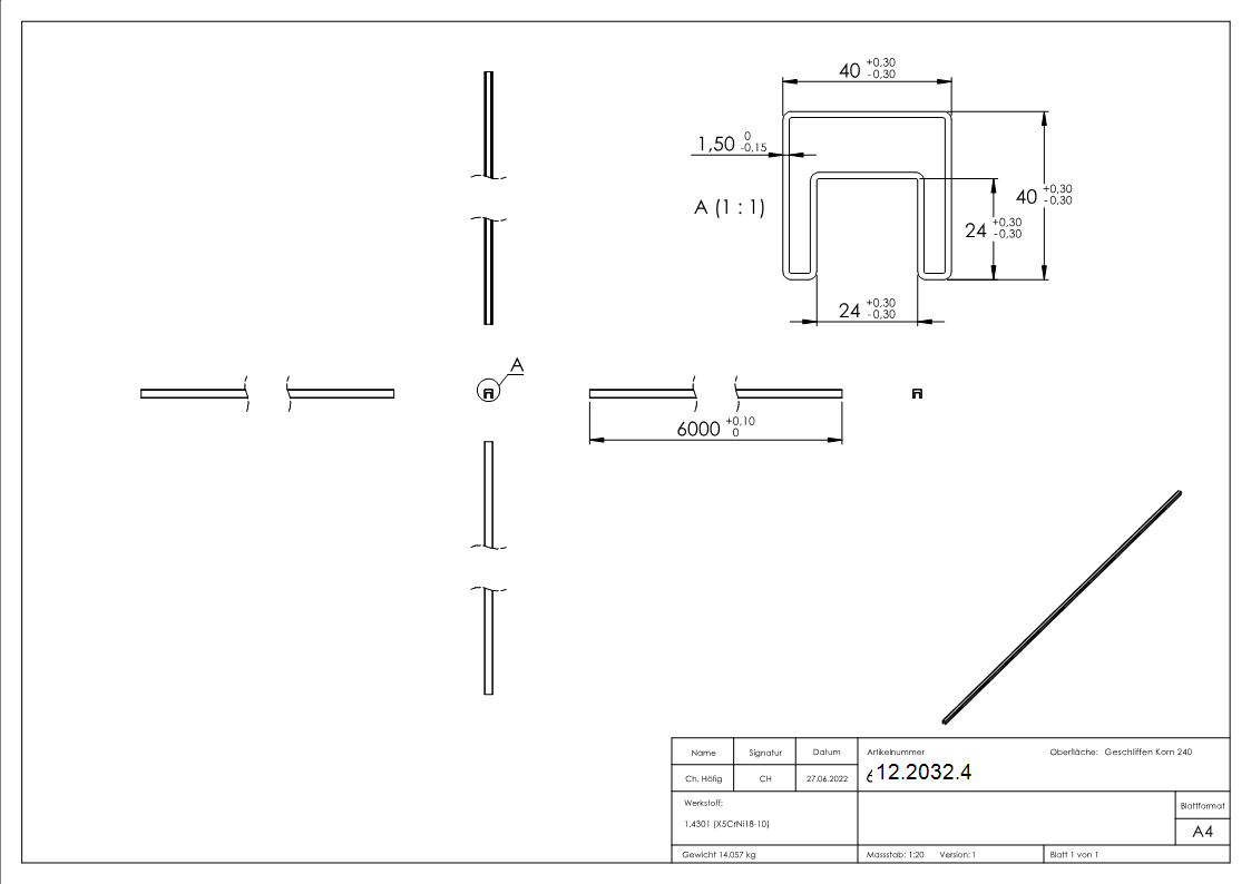 Quadrat-Nutrohr - Masse- 40x40x1-5 mm - mit Nut- 24x24 mm - Laenge- 6000 mm - V2A-12-2032.4