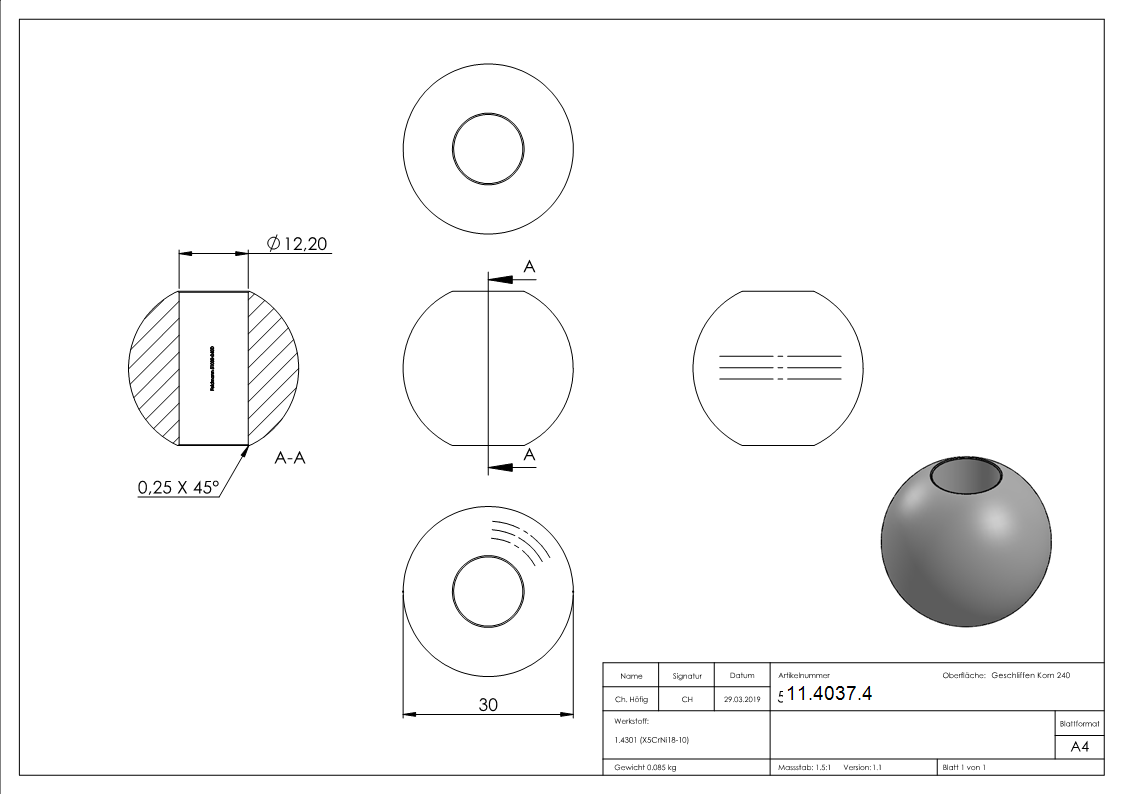 Kugel - Ø 30 mm - mit Durchgangsbohrung- 12-2 mm - V2A-11-4037.4