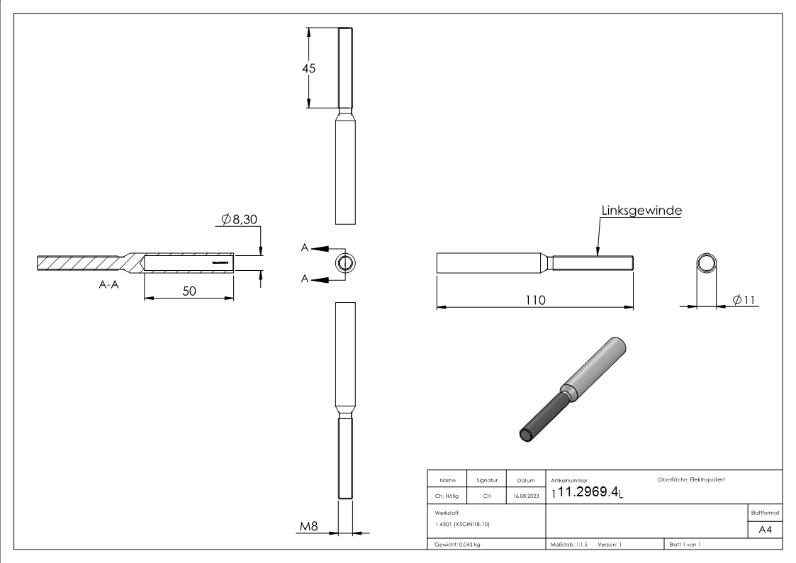 Gewindeterminal mit Aussengewinde - Linksgewinde - Fuer Seil von Ø 8 mm -V2A-11-2969.4