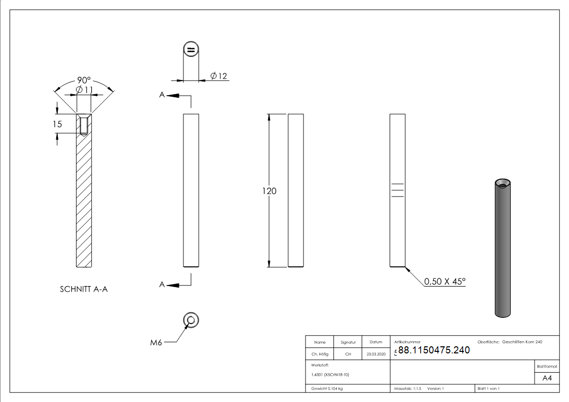 Stift Edelstahl V2A Ø 12 mm L = 120 mm mit Innengewinde M6 zum Anschweissen-88-1150475.240