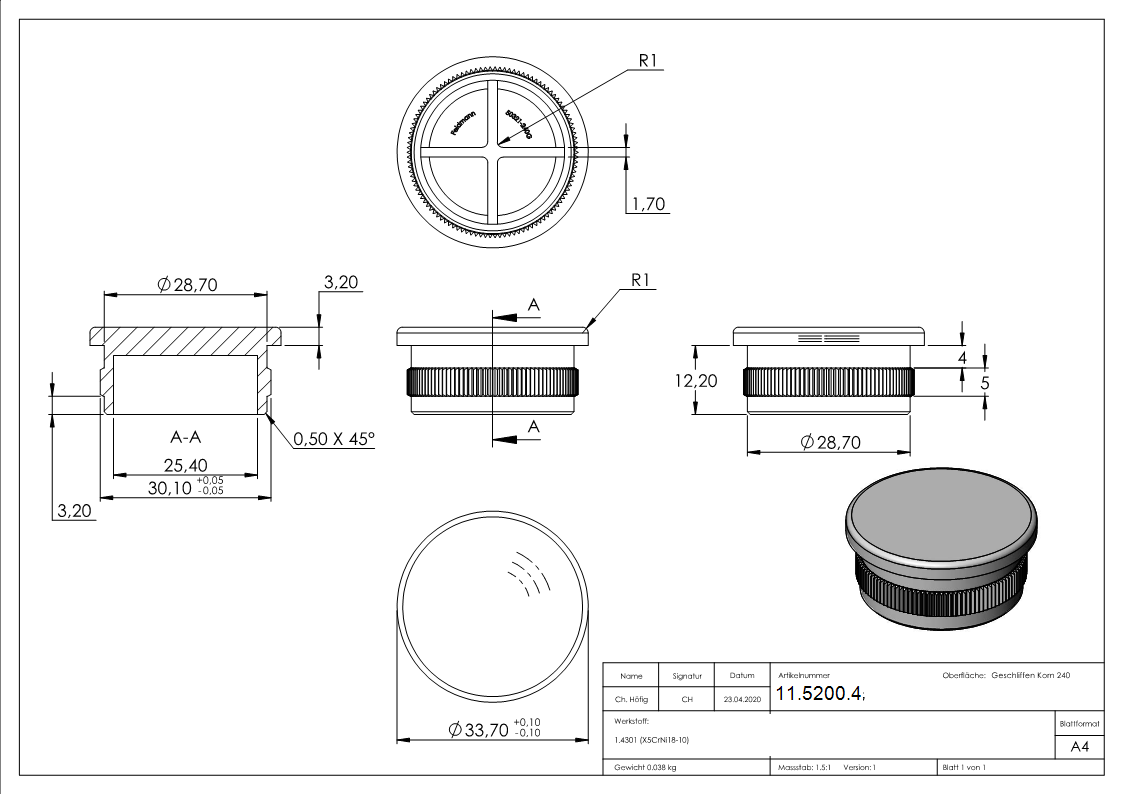 Rohrstopfen fuer Ø 33-7x2-0 mm flach zum Einschlagen V2A-11-5200.4
