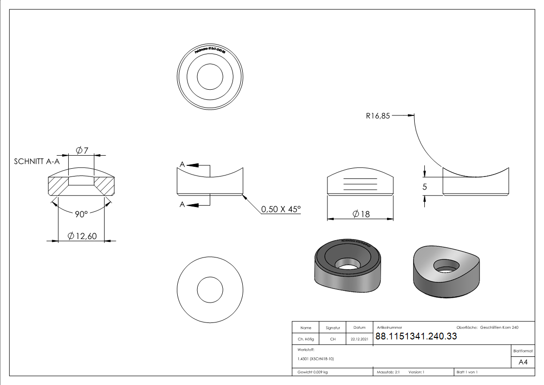 Ausgleichsstueck Edelstahl V2A fuer Rohr Ø 33-7 mm- Ø 18 mm- mit gesenkter Bohrung 7 mm-88-1151341-240.33