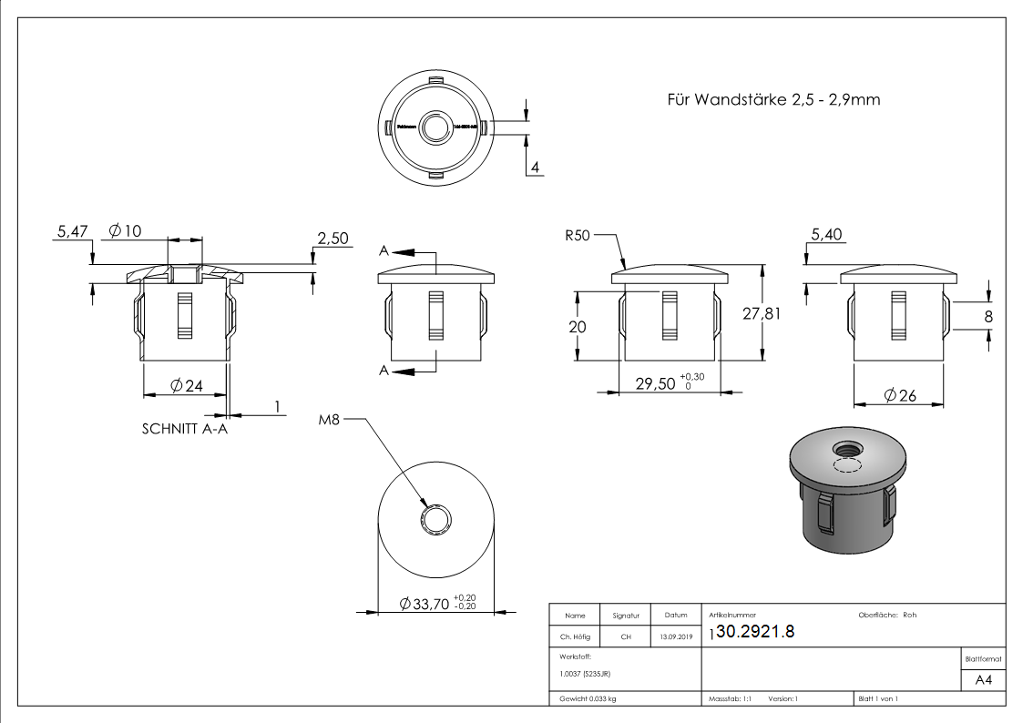 Stahlstopfen - leicht gewoelbt - mit M8 - fuer Rundrohr Ø 33-7x2-5-2-9 mm - Stahl S235JR- roh-30-2921.8