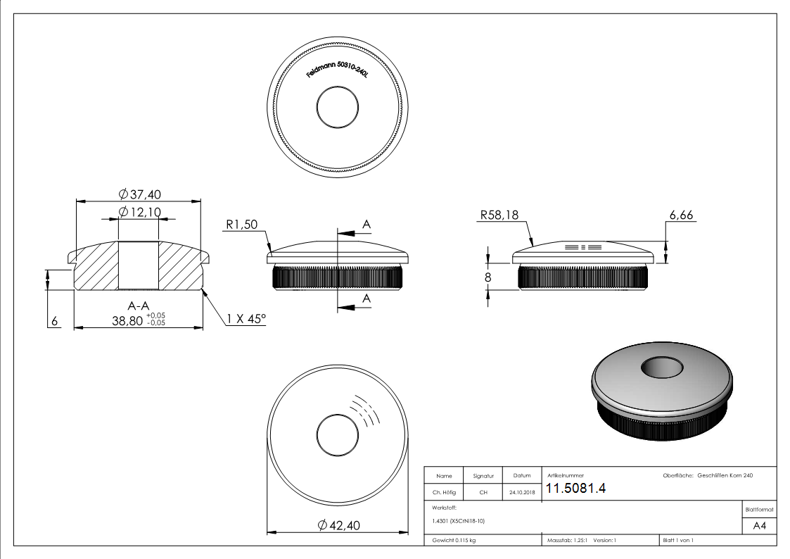 Einsteckkappe V2A fuer Rohr Ø 42-4x2-0mm mit 12-1mm Bohrung- gewoelbt-11-5081.4