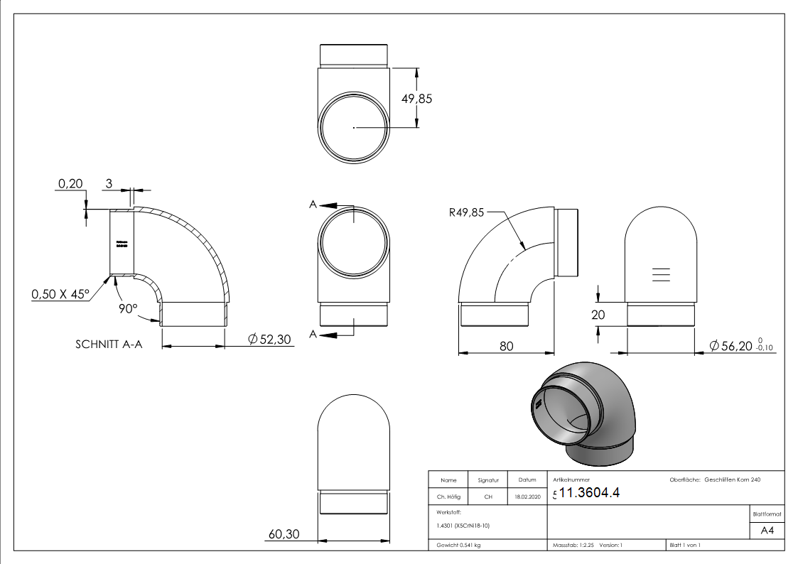 Rohrbogen 90° rund- fuer Rundrohr Ø 60-3x2-0 mm V2A-11-3604.4