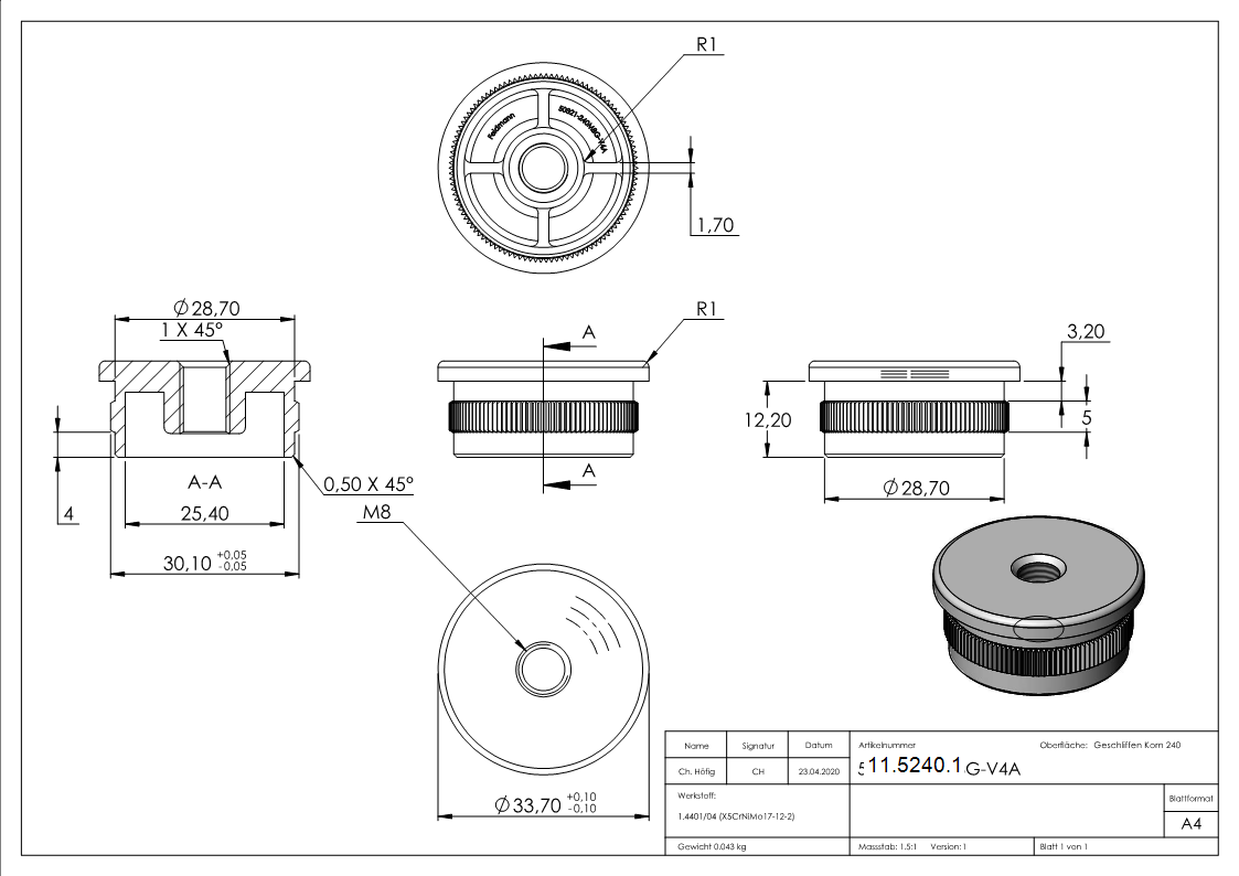 Rohrstopfen fuer Ø 33-7x2-0 mm flach mit M8 zum Einschlagen V4A-11-5240.1