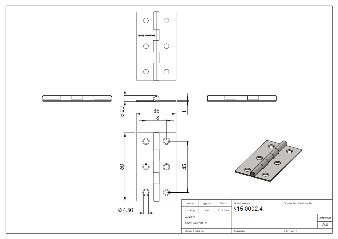 Scharnier 60 x 35mm mit festen Zapfen-15-0002.4