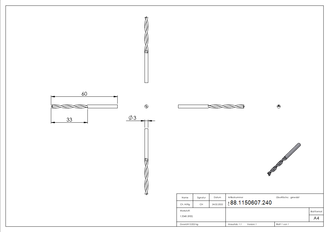 Holzspiralbohrer Ø 3mm- Laenge 60mm-88-1150607.240
