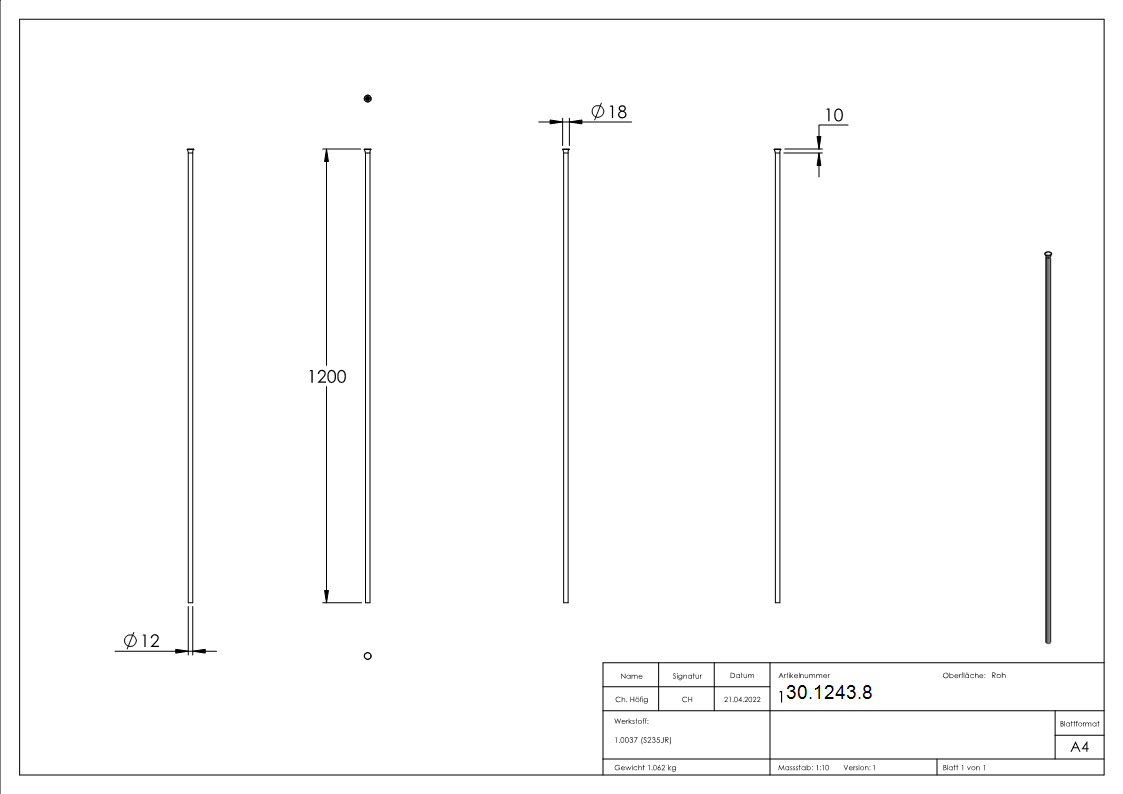 Zaunstab Laenge- 1200 mm Material Ø 12 mm - gestauchter Kopf Stahl S235JR- roh-30-1243.8