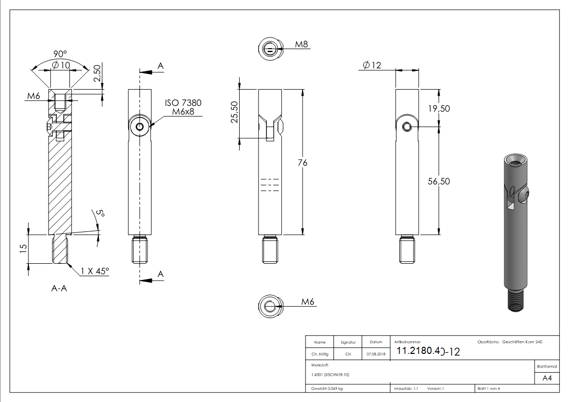 Edelstahl Gelenkstift Ø 12 x 75 mm - verstellbar - Aussen - und Innengewinde -V2A-11-2180.4