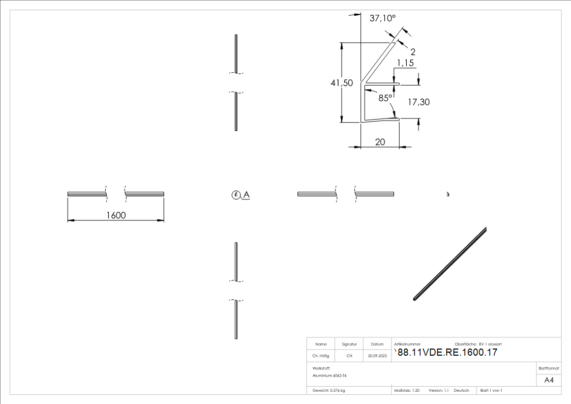 Regenrinne fuer Vordaecher- Glas 17-52mm- L=1600mm- E4-EV1-88-11VDE-RE-1600.17