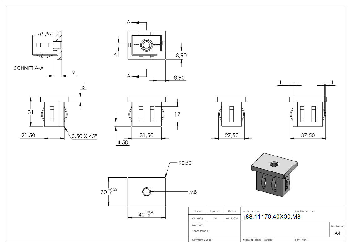Einschlagkappe Stahl roh fuer Rechteckrohr 40x30 mm mit Innengewinde M8-88-11170-40X30.M8