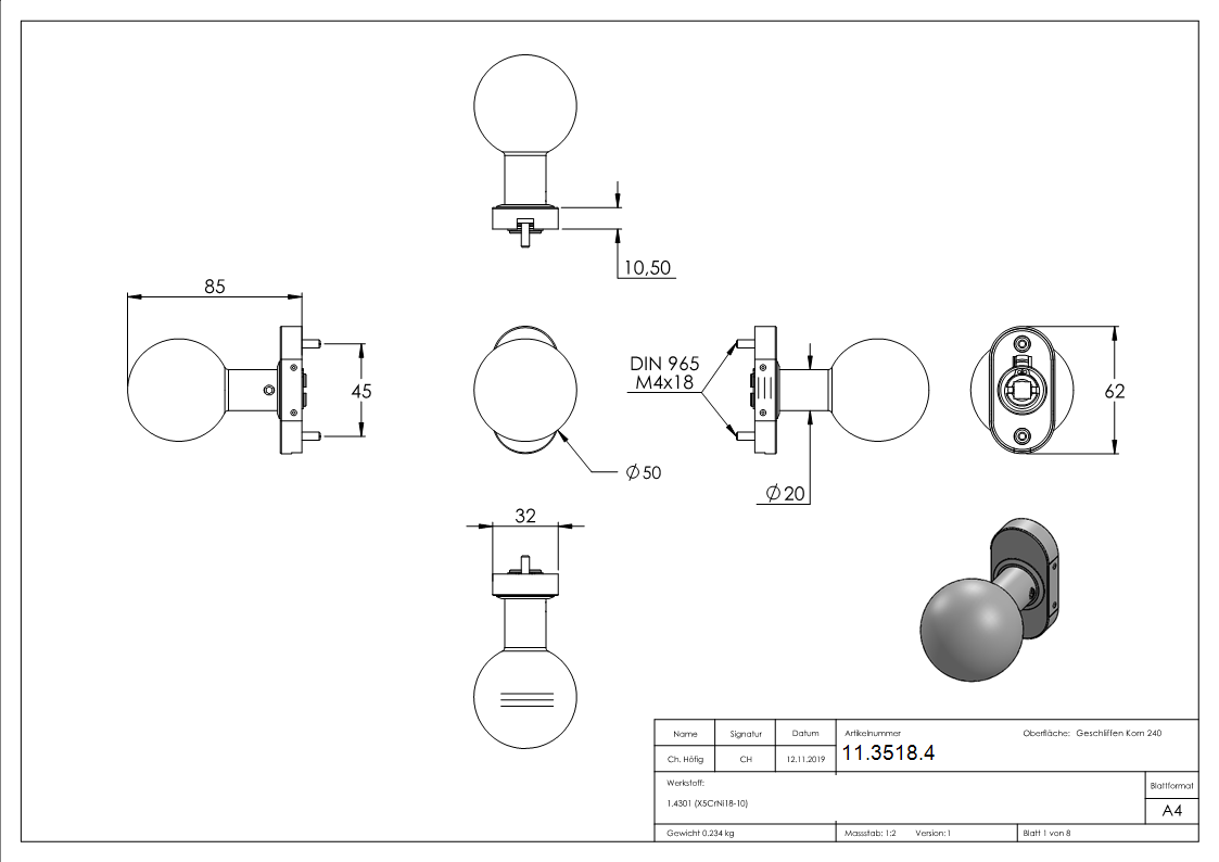 Tuerdruecker V2A gerade mit Kugel Ø 50 mm drehbar-11-3518.4
