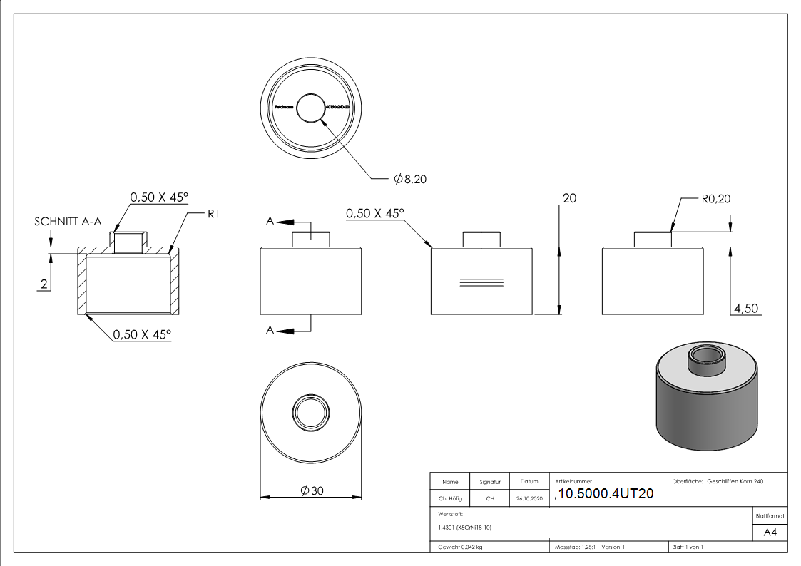Glaspunkthalter-Unterteil Ø 30 mm- V2A- Hoehe- 20 mm-10-5000.4UT20