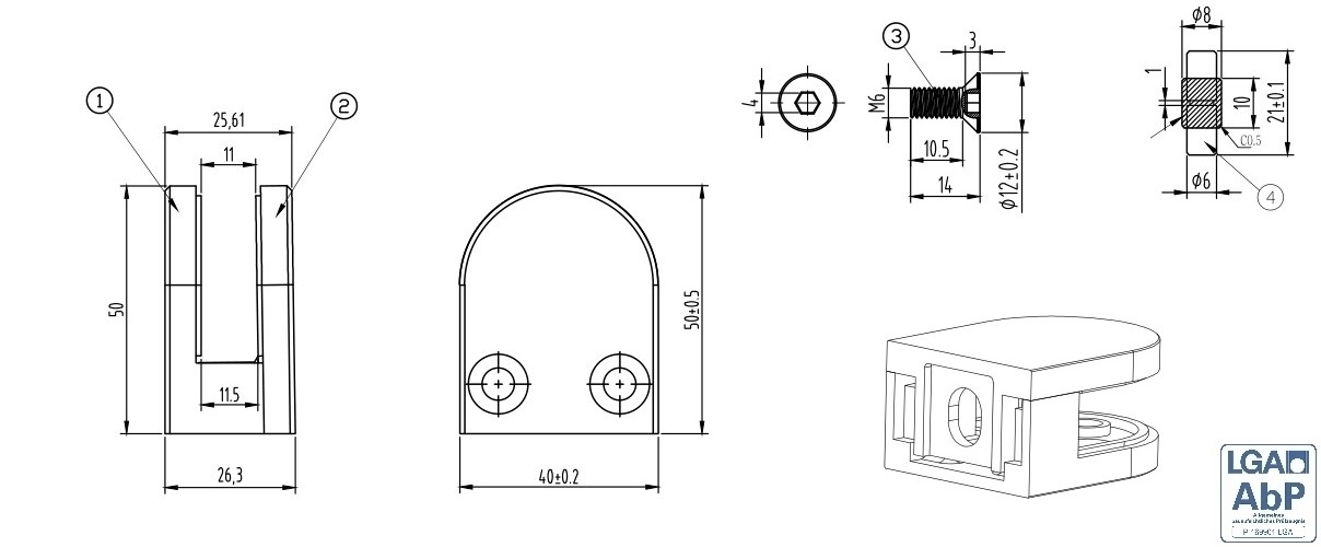 Glasklemme - Masse- 50x40x26 mm - Anschluss flach - V2A 1 Parr Gummis 8-00 mm ESG-18-2000-A.4-6