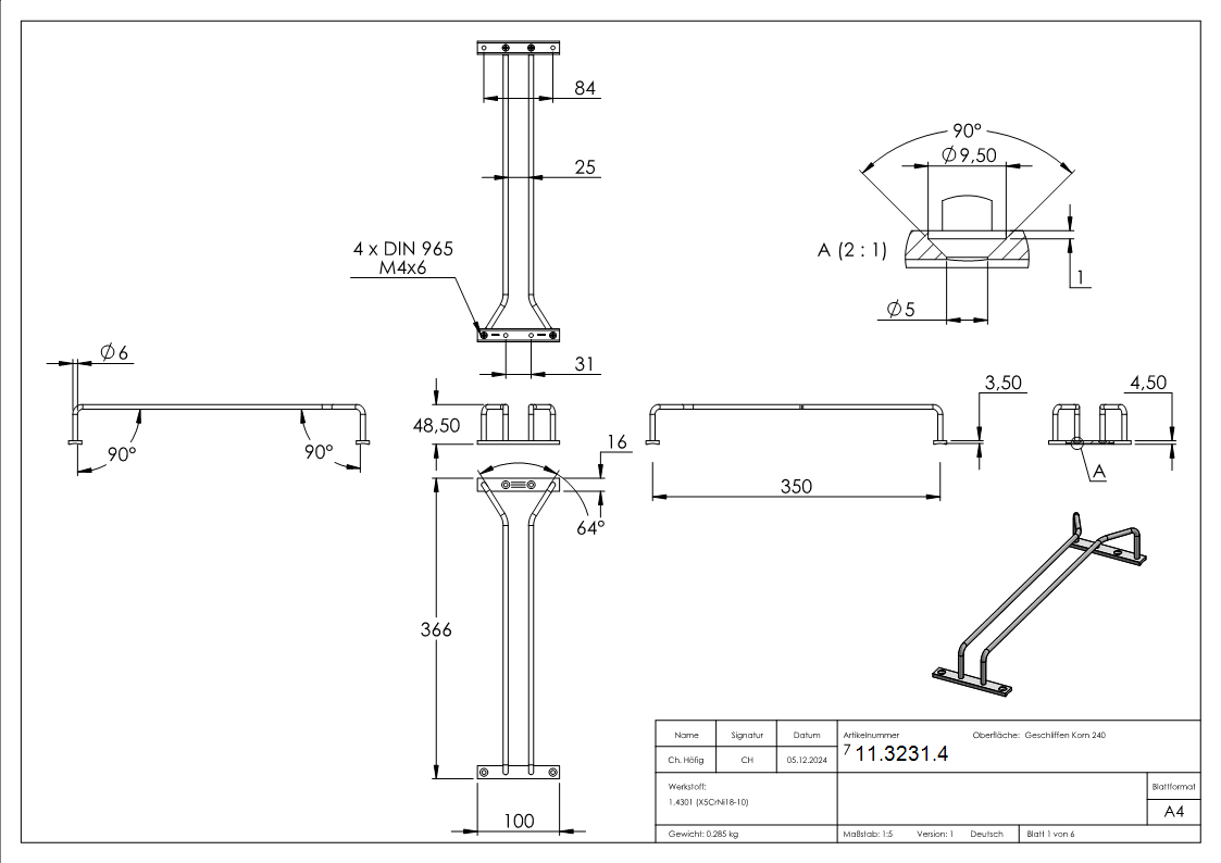 Glaeserhalter 400 mm V2A-11-3231.4