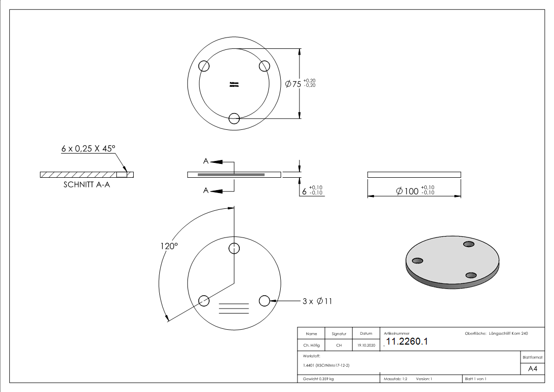 Ankerplatte Ø 100 x 6 mm mit 3 Bohrungen á Ø 11 mm V4A-11-2260.1