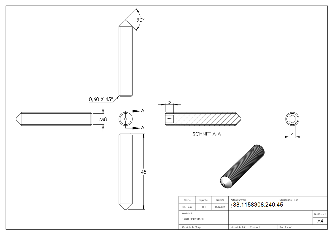 Gewindestift V2A M8x45 mit Innensechskant und Spitze DIN 914-88-1158308-240.45