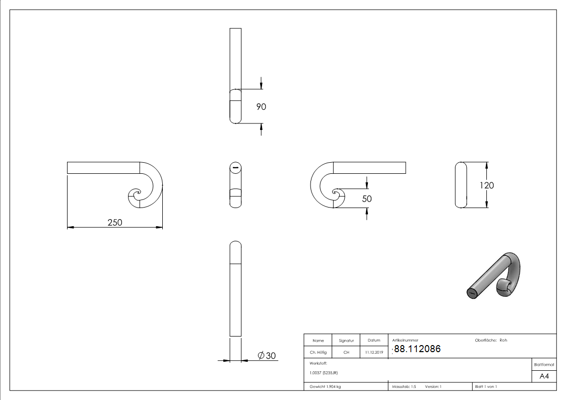 Handlaufanfaenger Ø 30mm gerollt - Zierschnecke Stahl roh schweissbar-88.112086