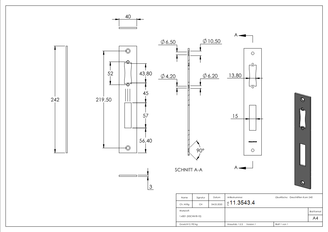 Schliessblech 40x242x3 mm fuer Einsteckschloesser V2A-11-3543.4
