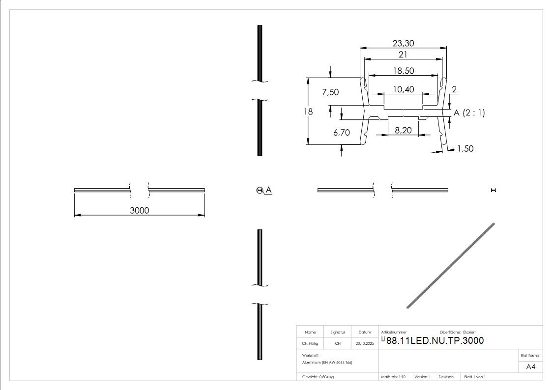 LED Traegerprofil Aluminium 3000 mm fuer 42-4 mm Nutrohr wendbar-88-11LED-NU-TP.3000