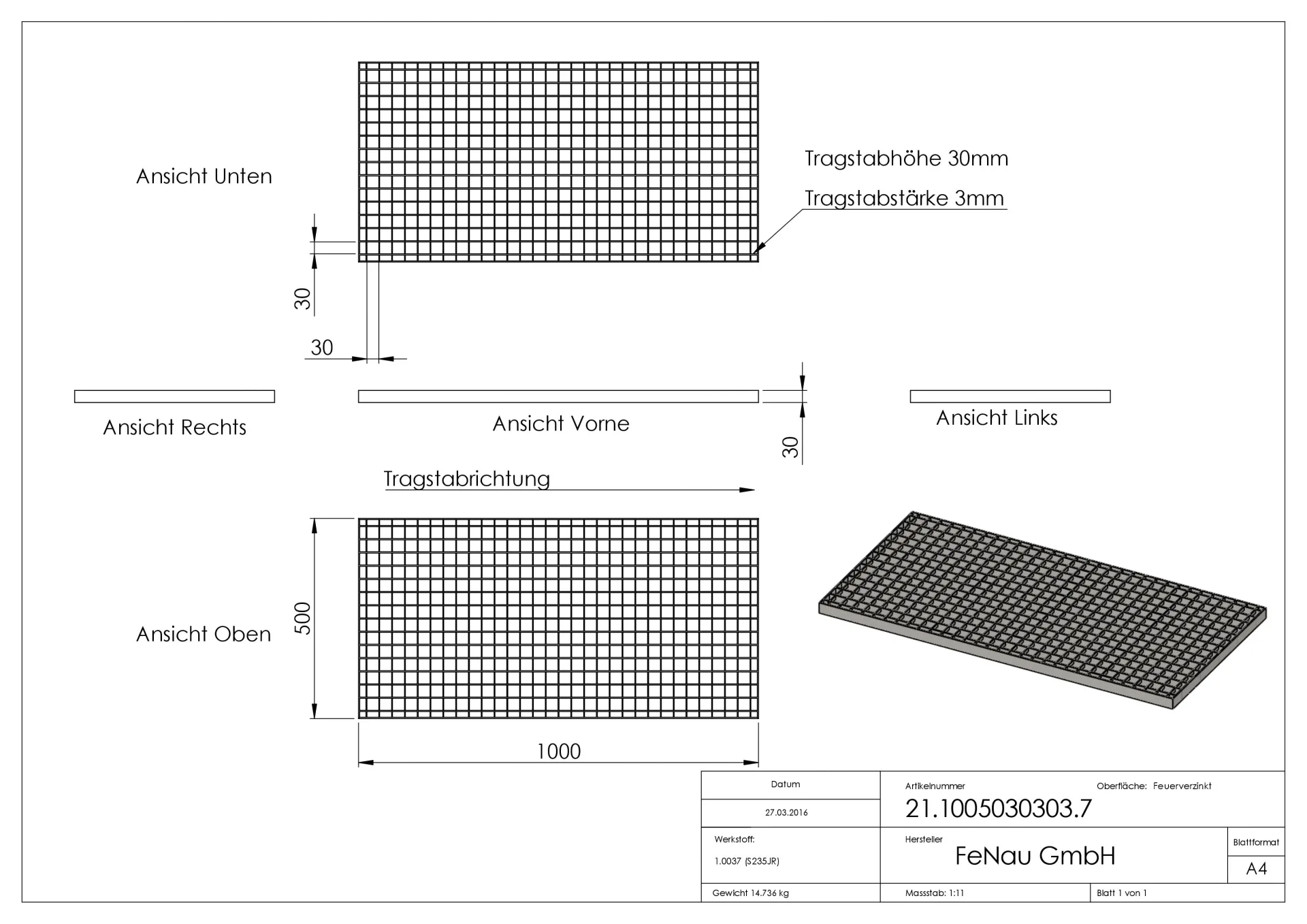 Industrie-Gitterrost - Masse- 1000x500x30 mm; MW 30-30 mm; 30-3 mm - S235JR -St37-2- im Vollbad feuerverzinkt-21-1005030303.7