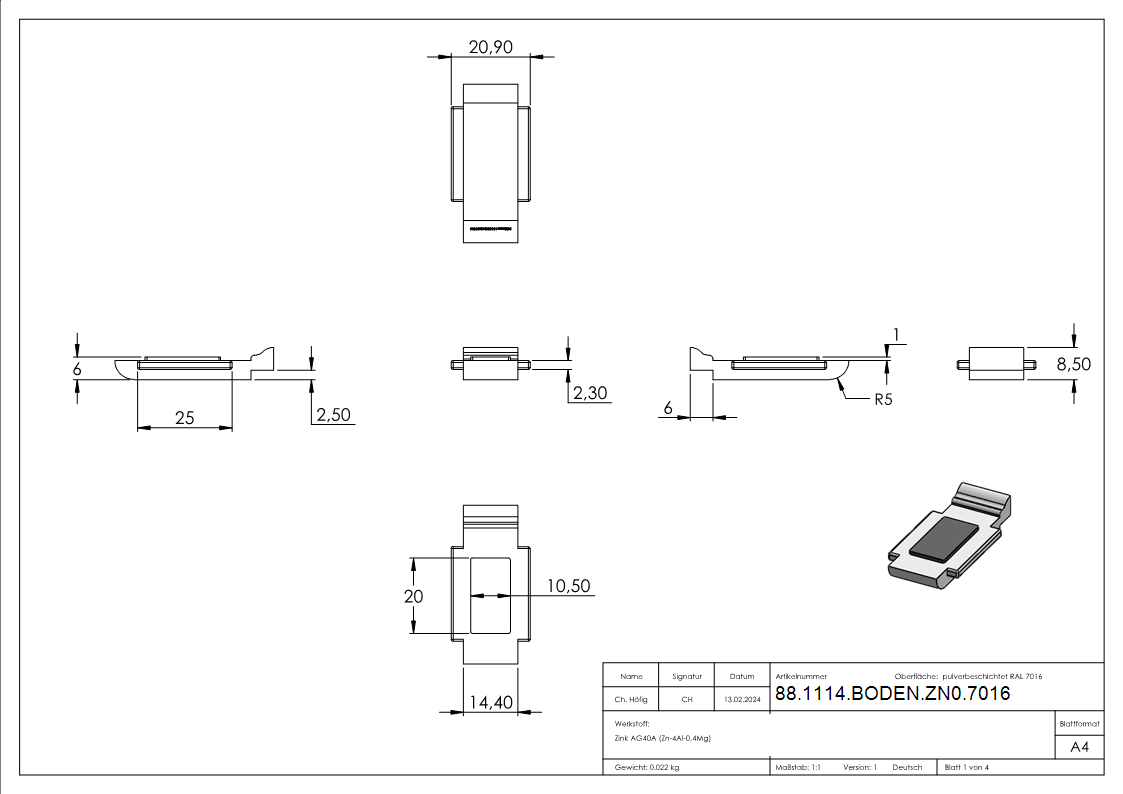 Sicherungsplatte Zinkdruckguss fuer Glasklemme Mod- 14 52x52x32-5mm RAL 7016 matt-88-1114-BODEN-ZN0.7016