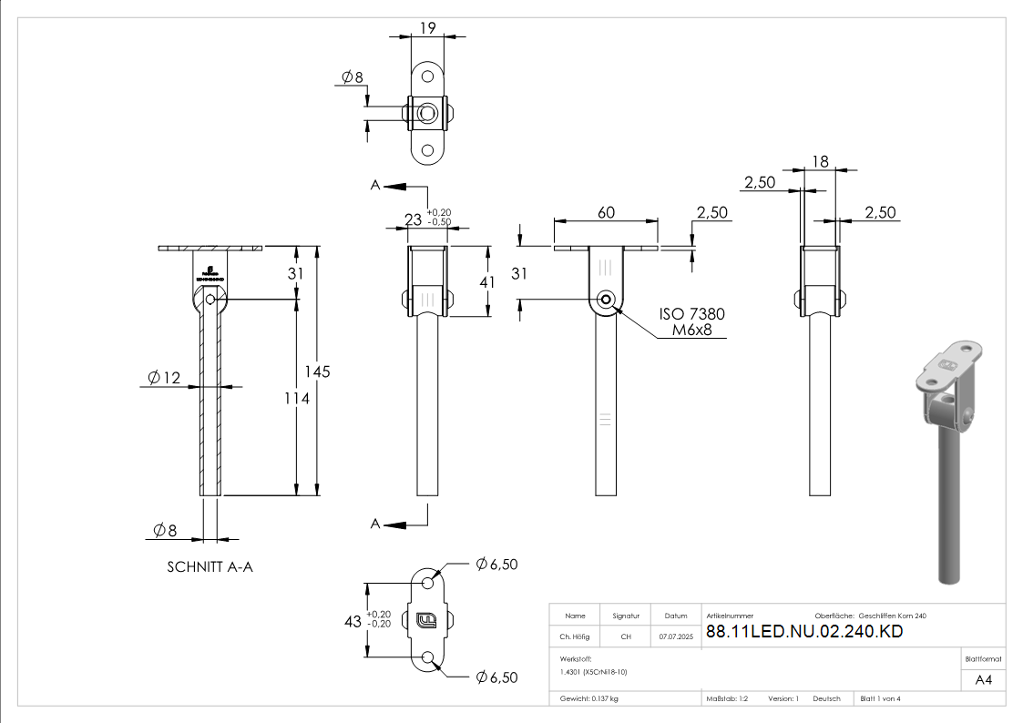 Stift mit Anschlussplatte und Gelenk fuer LED-Handlauf- V2A-88-11LED-NU-02-240.KD