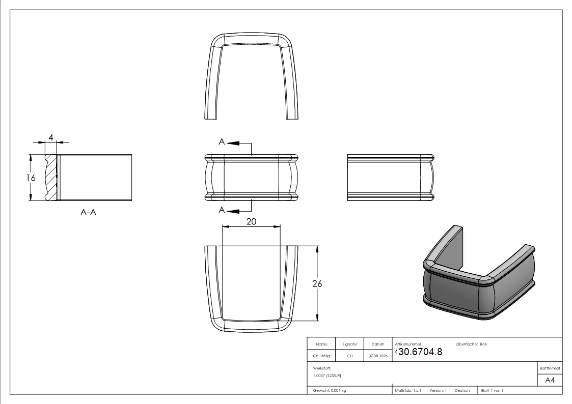Bund - 1 Stueck - Material- 16x4 mm - Innenmass- 20x26 mm - Stahl -Roh- S235JR-30-6704.8
