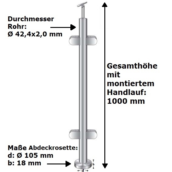 Gelaenderpfosten V2A D 42-4 mm 1000 mm Oberverankerung Glas runder Handlauf-14-0044RG-A.4