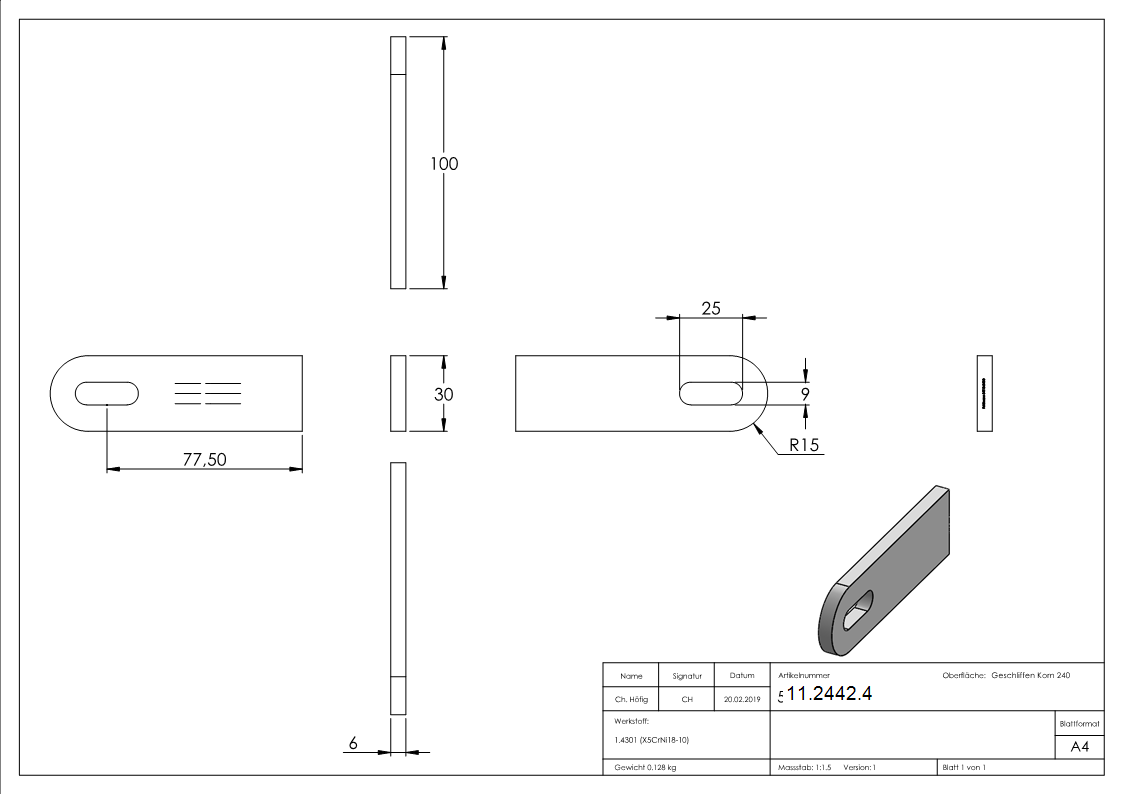 Anschweisslasche 100x30x6 mm mit Langloch- 25x9 mm V2A-11-2442.4