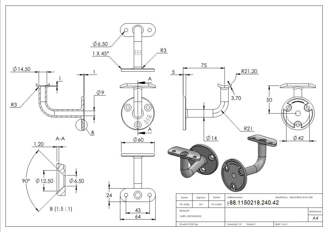 Handlaufhalter V2A fuer Rohr 42-4 mm Wandabstand 75 mm mit Kabeldurchfuehrung-88-1150218-240.42