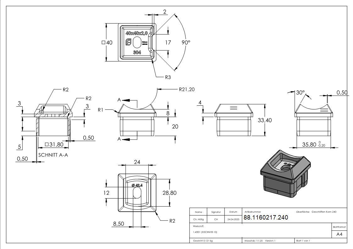 Rohrsattel V2A 40 x 40 mm auf Ø 42-4 mm fuer 2-0 mm Wandstaerke-88-1160217.240