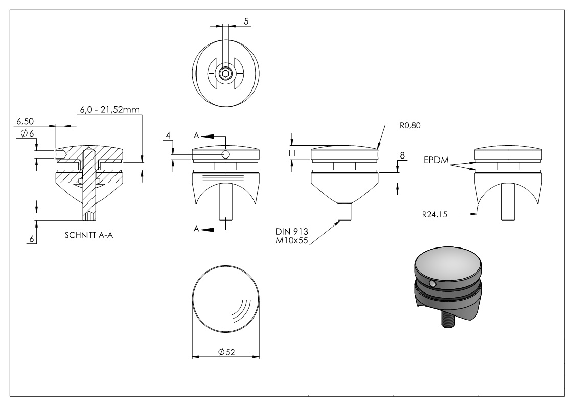 Glaspunkthalter Ø 52 mm fuer Anschluss- flach - Ø 48-3 mm V2A - V4A-10-GPH52-5.1