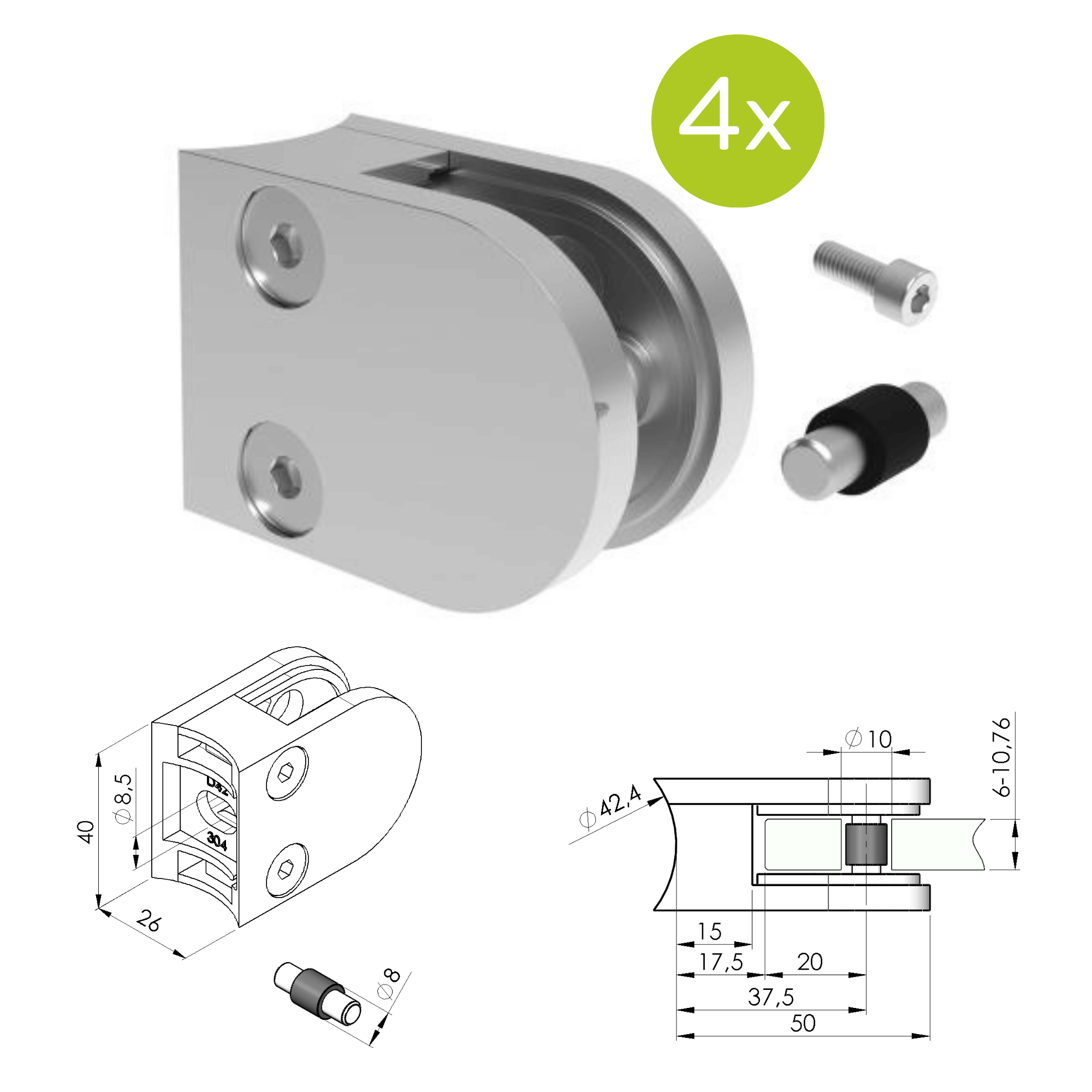 Glashalter V2A fuer Rohr 42-4 mm halbrund geschliffen 4er Set-89-11A2000042SET4-A.4