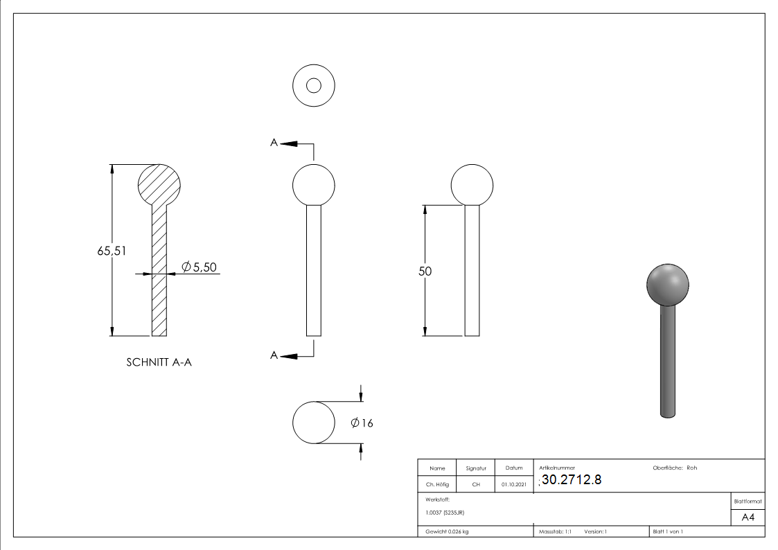Kugelkopfbolzen Ø 5-5-16 mm - Stahl S235JR- roh-30-2712.8