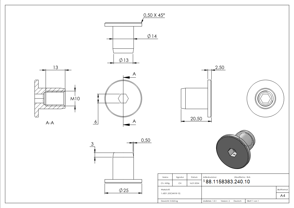 Huelsenmutter Edelstahl V2A M10 Flachkopf Innensechskant-88-1158383-240.10