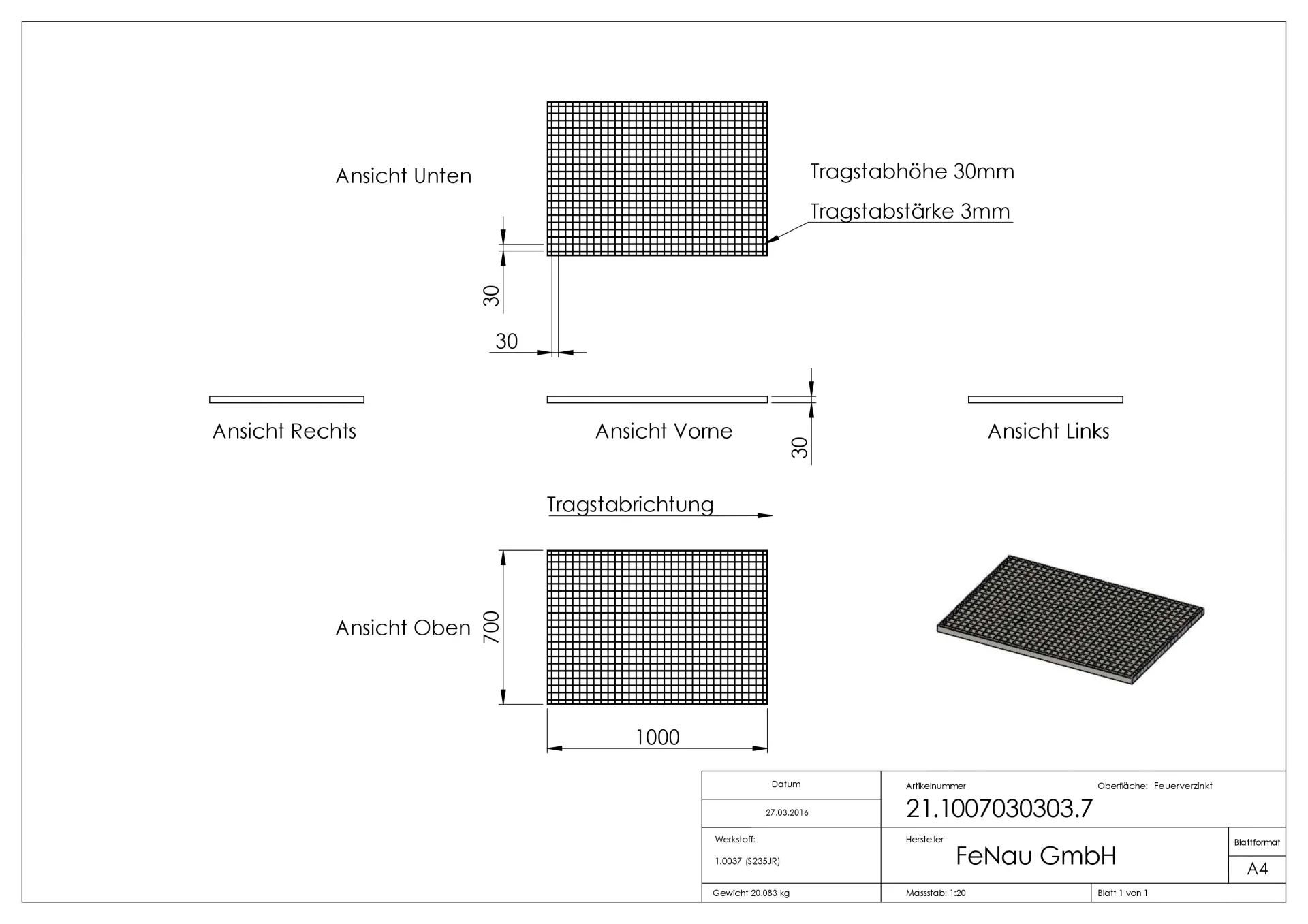 Industrie-Gitterrost - Masse- 1000x700x30 mm; MW 30-30 mm; 30-3 mm - S235JR -St37-2- im Vollbad feuerverzinkt-21-1007030303.7