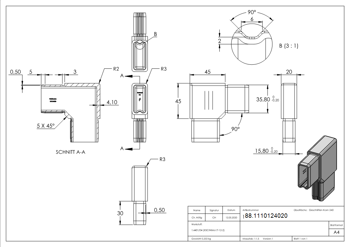 Steckverbinder 90° V4A 40 x 20 x 2 mm fuer Rechteckrohr-88.1110124020