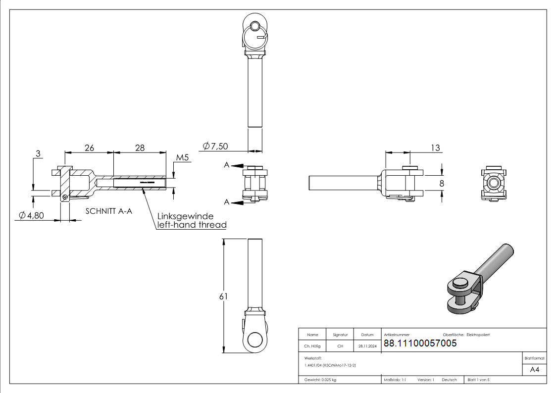 Gabelterminal Edelstahl V4A Innengewinde M5 Linksgewinde-88.11100057005