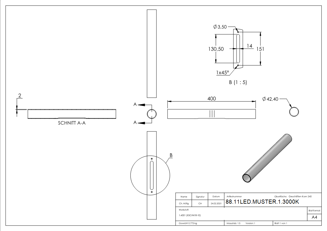 LED Handlauf V2A Ø 42-4 x 2-0 mm 400 mm 3000 K warmweiss-88-11LED-MUSTER-1.3000K