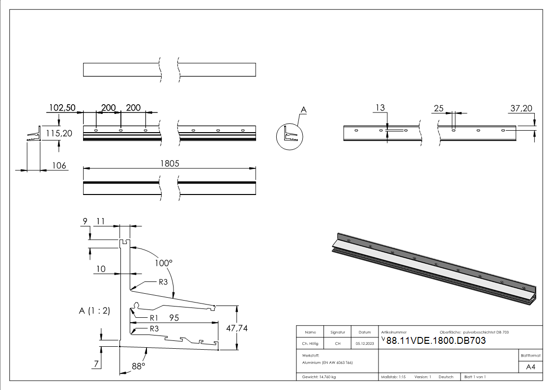 Vordachprofil eleganza canopy- L- 1805mm- DB703-88-11VDE-1800.DB703